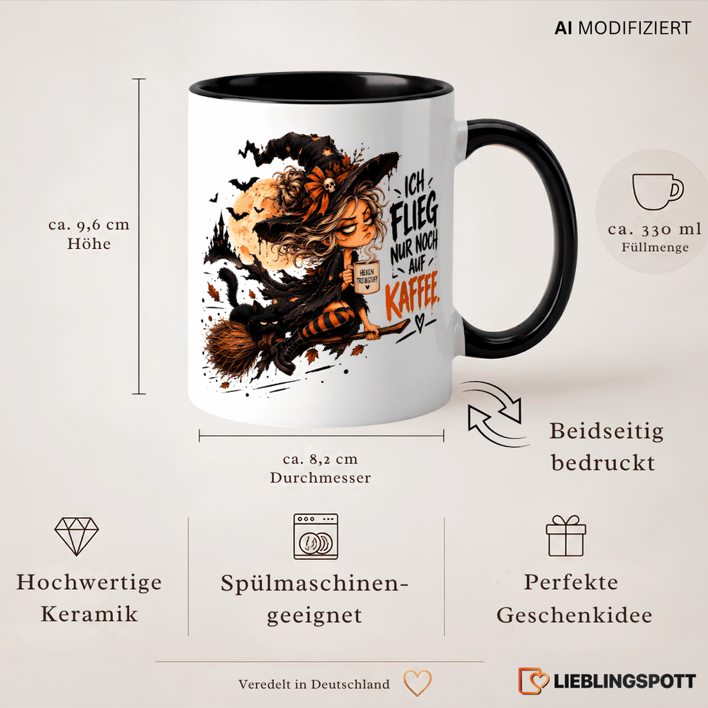 Halloween Hexen Tasse Ich flieg nur noch auf Kaffee – Maße 330 ml und Produktvorteile