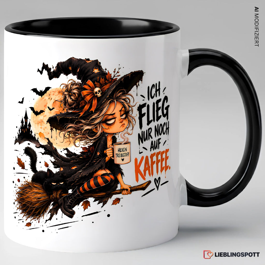 Halloween Hexen Tasse Ich flieg nur noch auf Kaffee – Schwarz