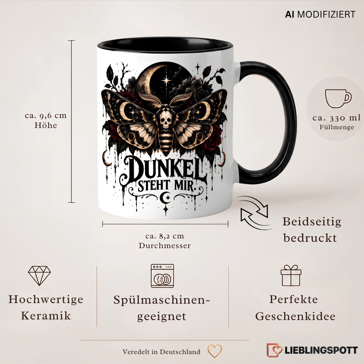 Dunkel steht mir Tasse – Maße 330 ml und Produktvorteile
