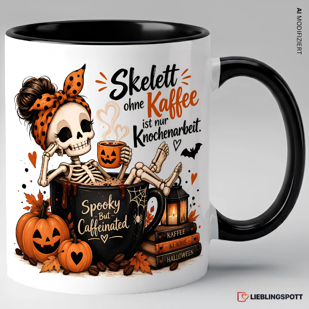 Halloween Tasse „Skelett ohne Kaffee“ | Keramik 330 ml Schwarz