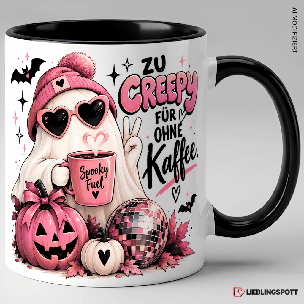 Zu creepy für ohne Kaffee Halloween Tasse Schwarz