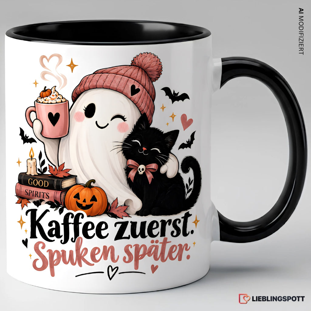 Kaffee zuerst Spuken später Halloween Tasse Schwarz