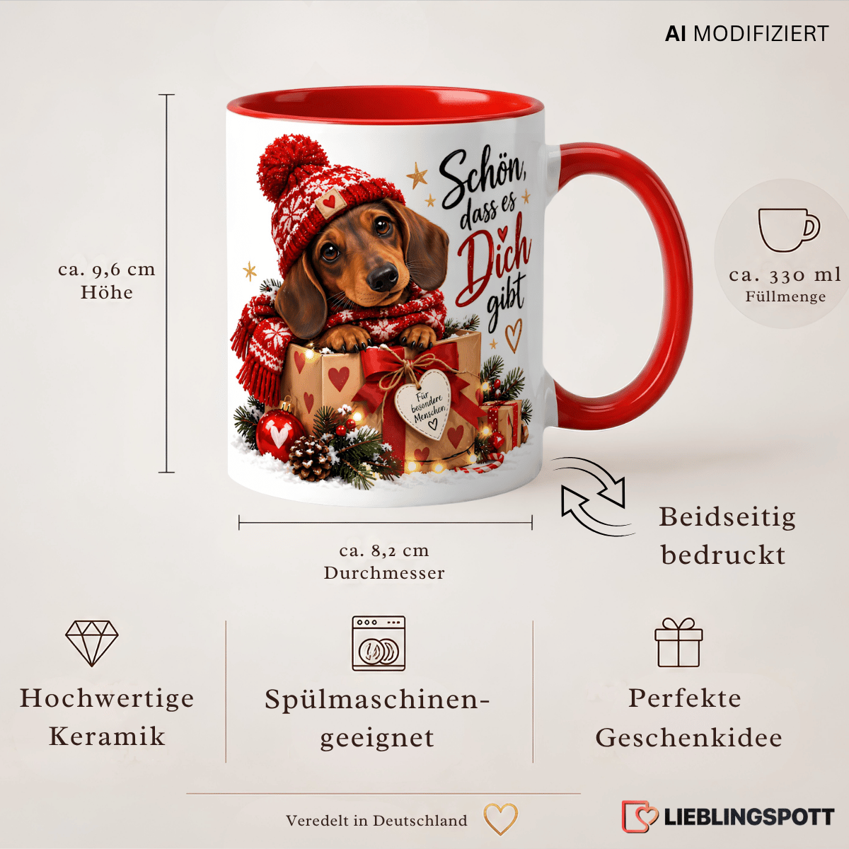 Weihnachts-Dackel Tasse „Schön, dass es dich gibt“ | Keramik 330 ml Produktdetails