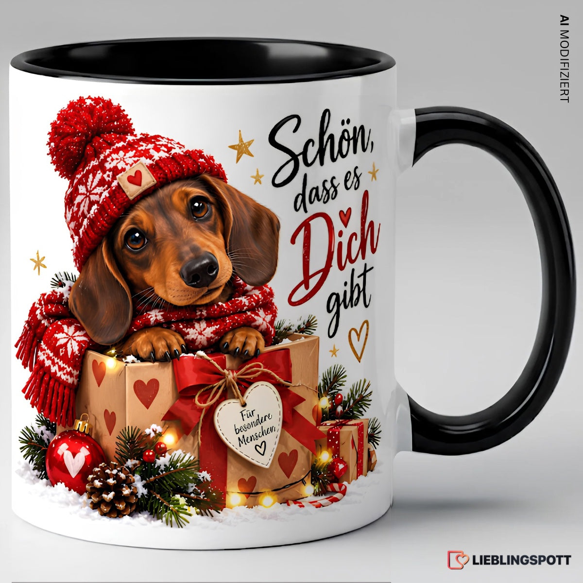 Weihnachts-Dackel Tasse „Schön, dass es dich gibt“ | Keramik 330 ml Schwarz