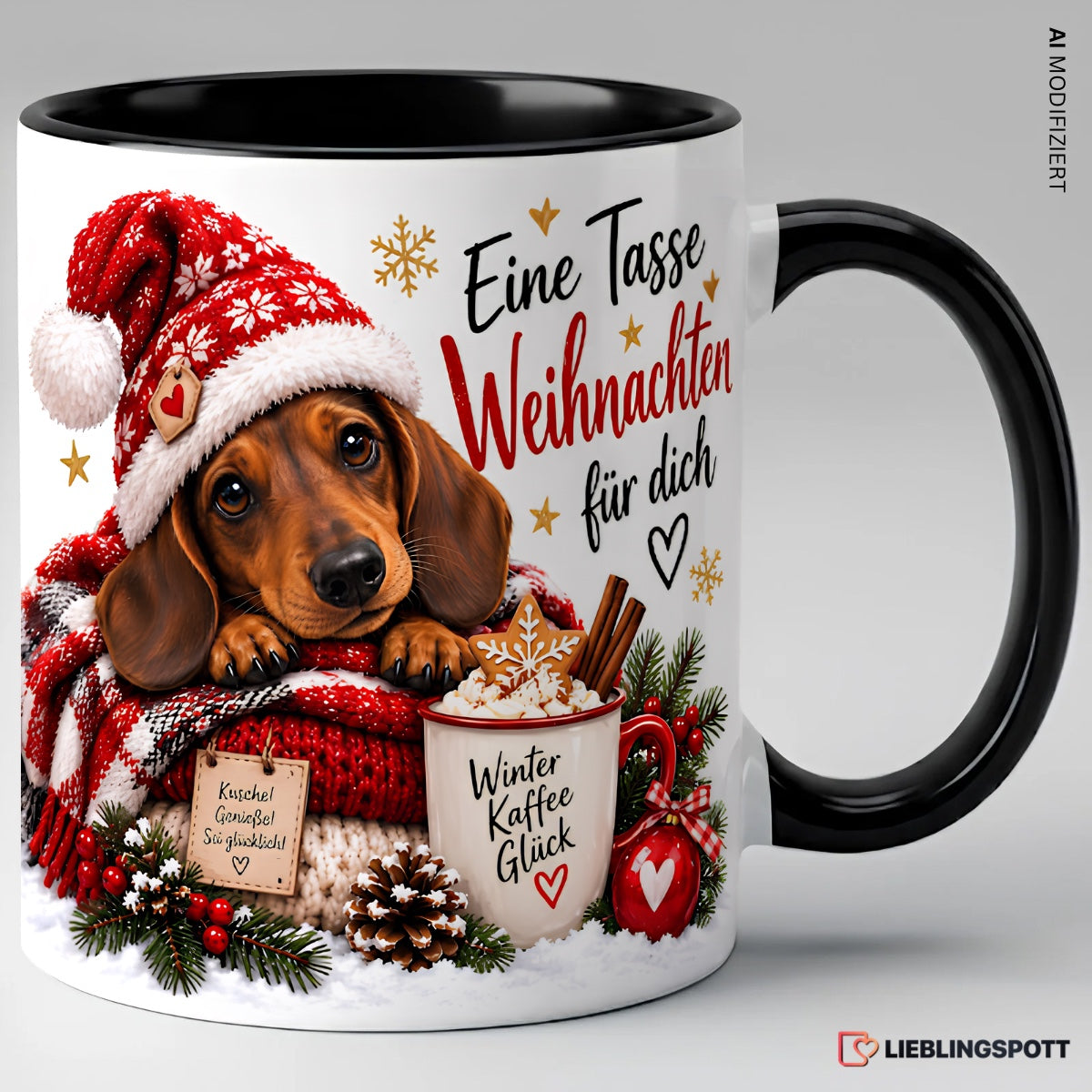 Weihnachts-Dackel Tasse „Eine Tasse Weihnachten für dich“ | 330 ml Schwarz