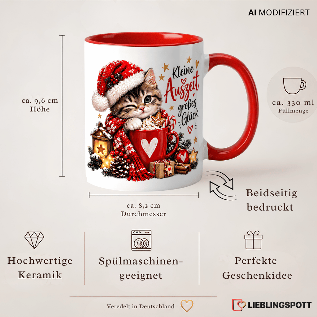 Weihnachts-Katzen Tasse „Kleine Auszeit, großes Glück“ | 330 ml Produktdetails
