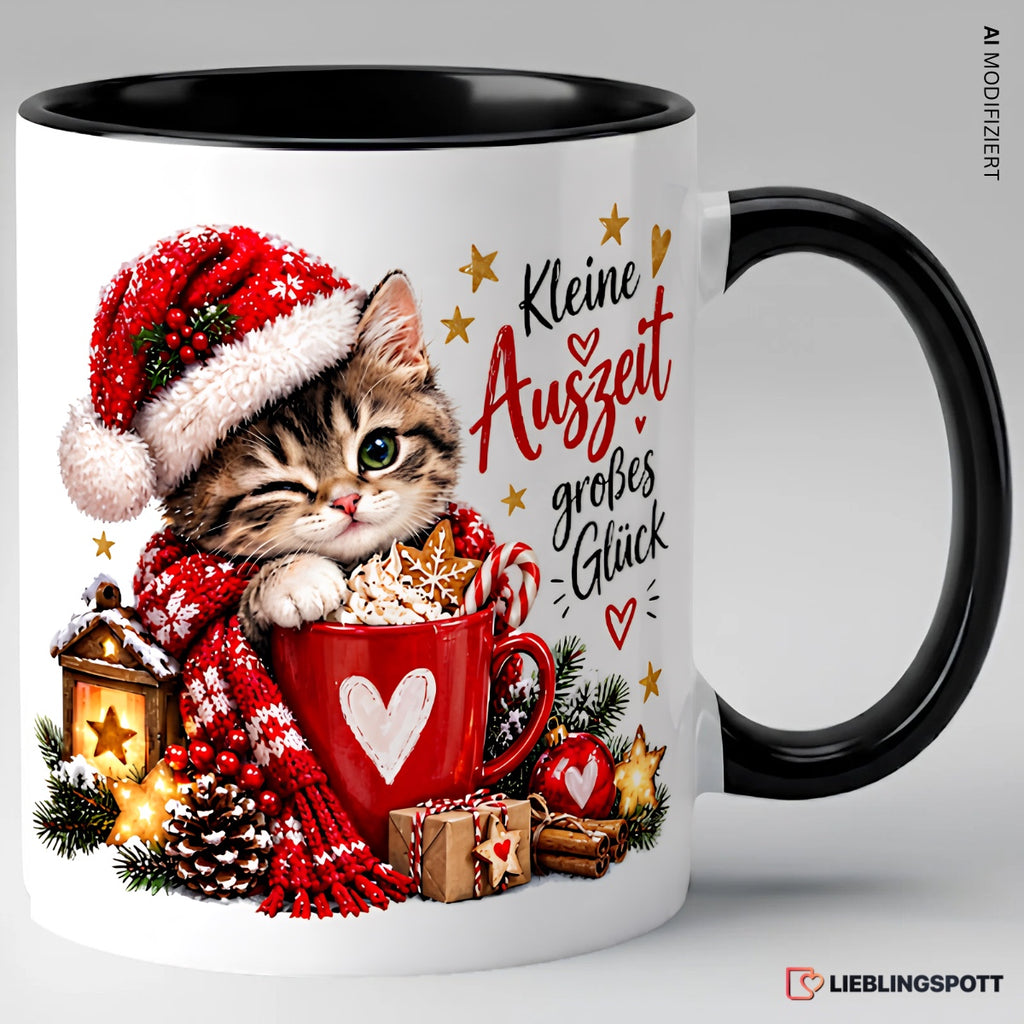 Weihnachts-Katzen Tasse „Kleine Auszeit, großes Glück“ | 330 ml Schwarz