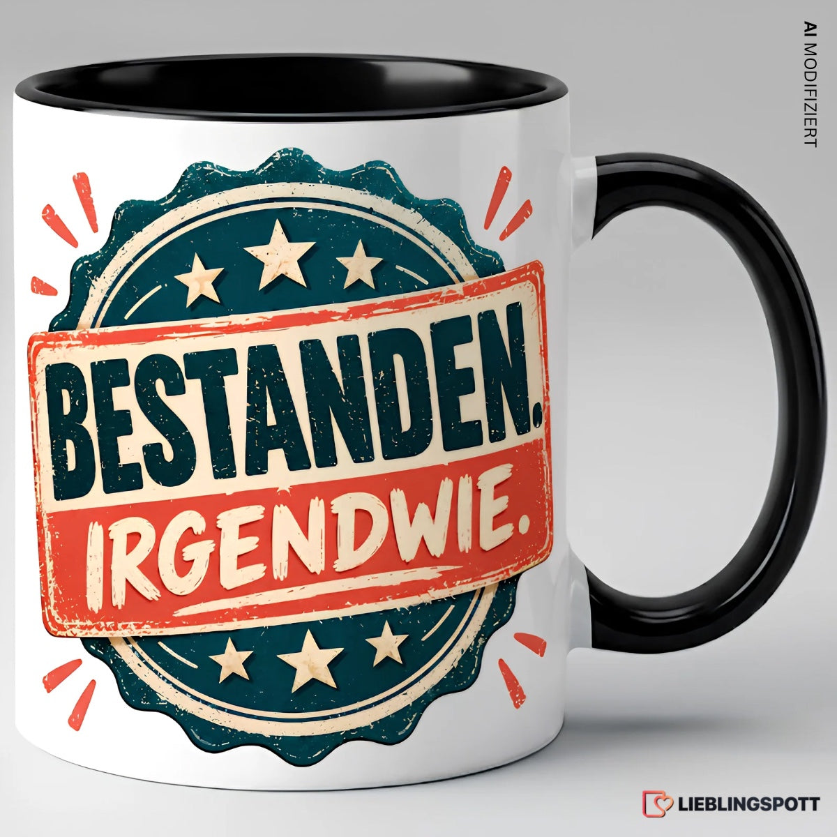 „Bestanden. Irgendwie.“ Tasse | Keramik 330 ml Schwarz