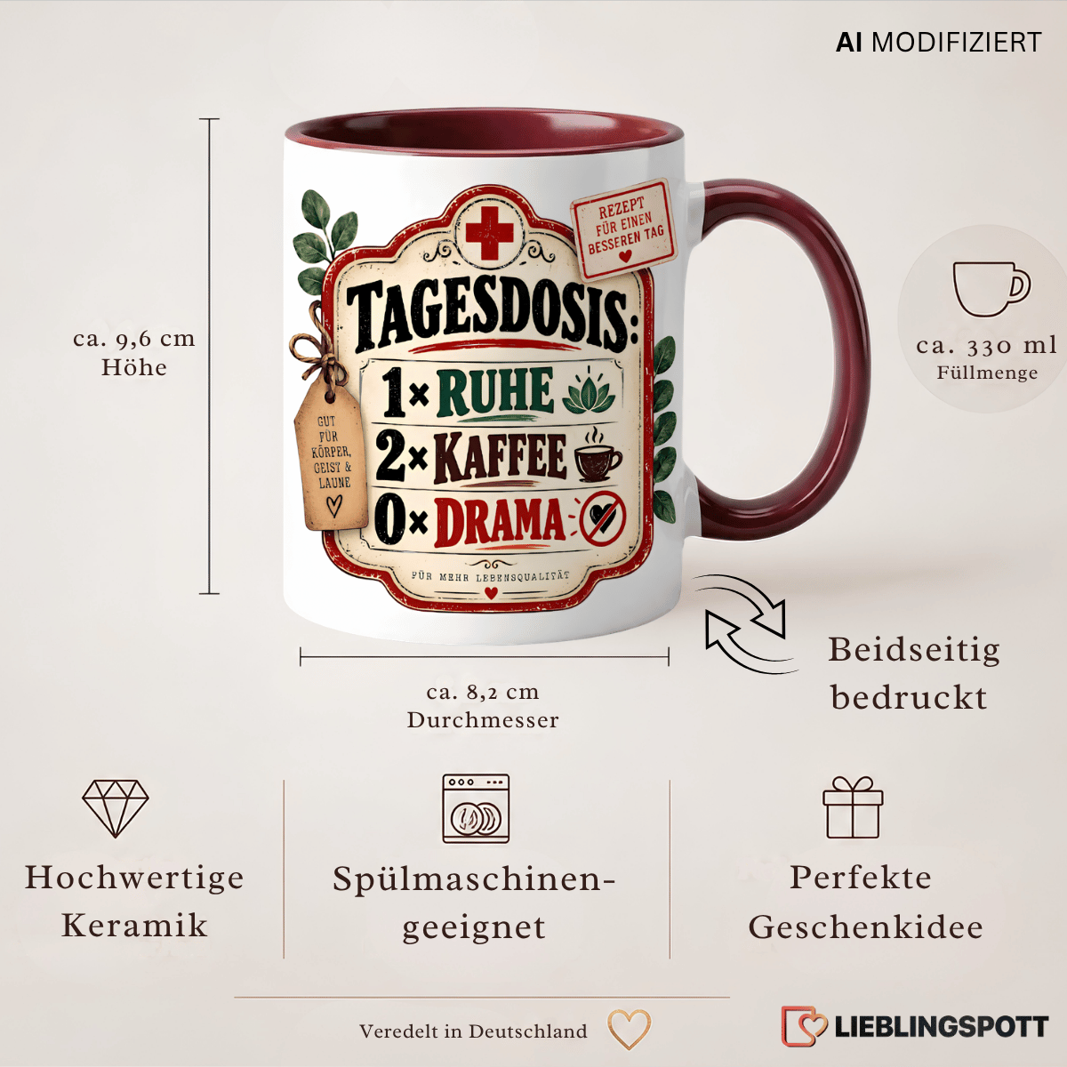 Tagesdosis Ruhe, Kaffee & 0× Drama Tasse | Keramik ca. 330 ml