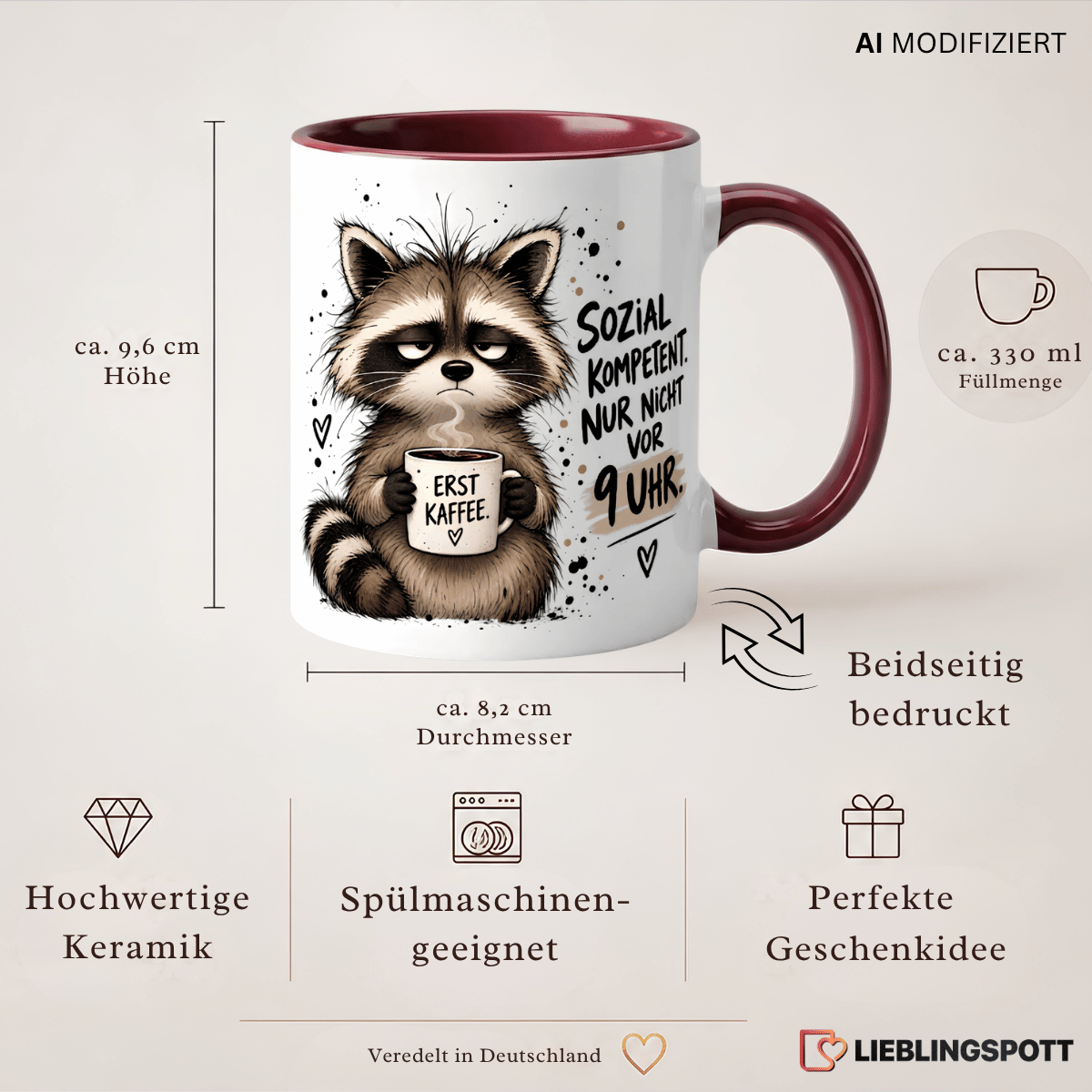 Sozial kompetent Tasse „Nicht vor 9 Uhr“ | Keramik ca. 330 ml