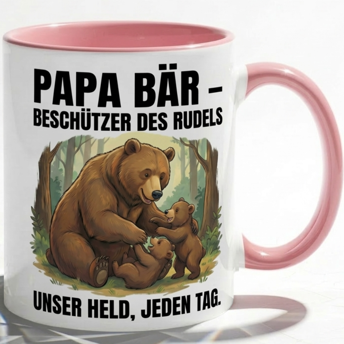 Papa Tasse Spruch Papa Bär Beschützer des Rudels Unser Held jeden Tag – Geschenk für Vater zum Vatertag Geburtstag Weihnachten – Liebevolle Kaffeetasse Bären Motiv – Keramik Becher 330ml