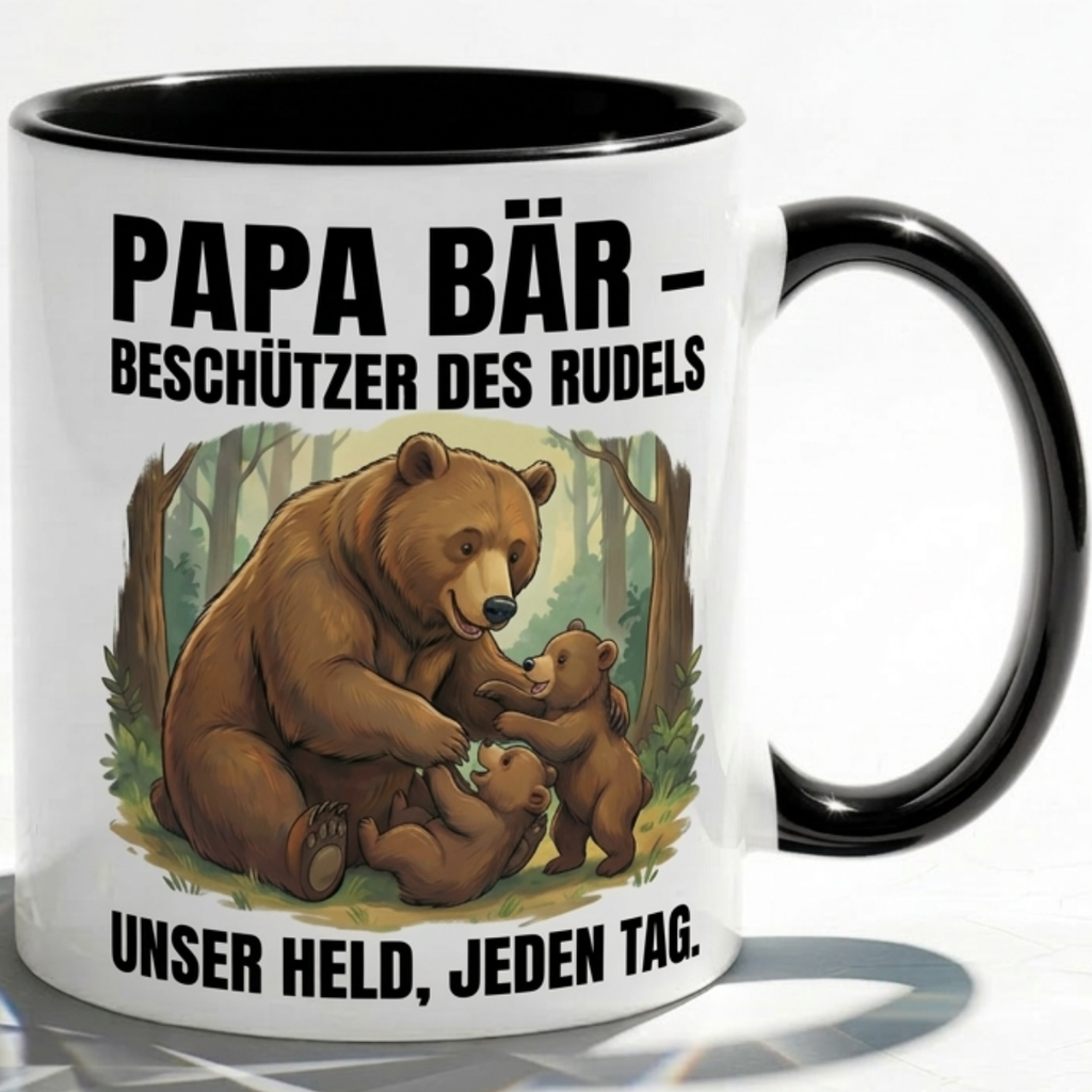 Papa Tasse Spruch Papa Bär Beschützer des Rudels Unser Held jeden Tag – Geschenk für Vater zum Vatertag Geburtstag Weihnachten – Liebevolle Kaffeetasse Bären Motiv – Keramik Becher 330ml