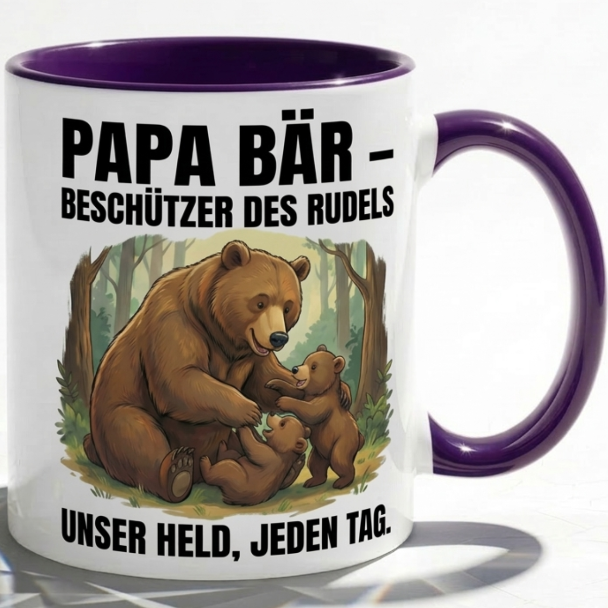 Papa Tasse Spruch Papa Bär Beschützer des Rudels Unser Held jeden Tag – Geschenk für Vater zum Vatertag Geburtstag Weihnachten – Liebevolle Kaffeetasse Bären Motiv – Keramik Becher 330ml