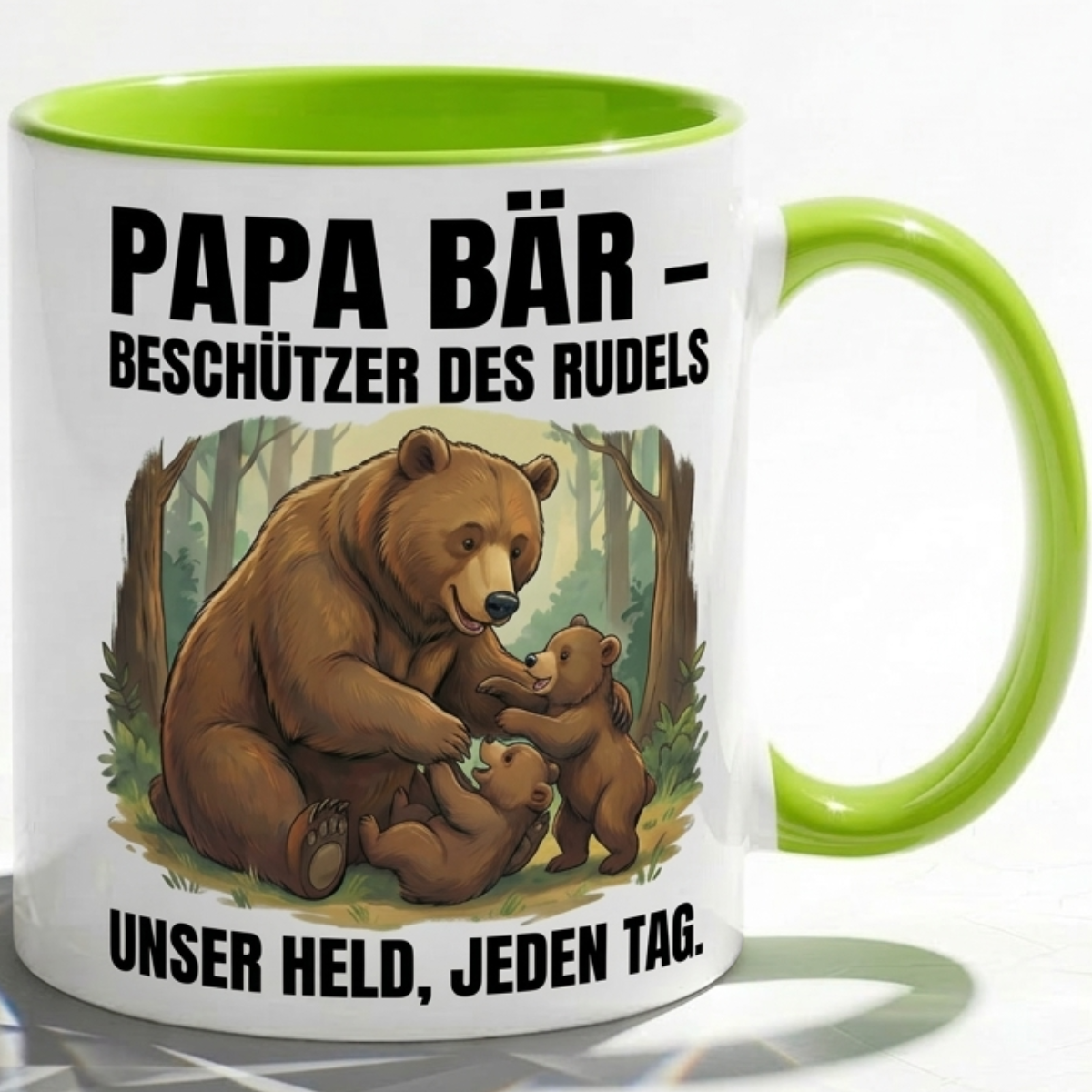 Papa Tasse Spruch Papa Bär Beschützer des Rudels Unser Held jeden Tag – Geschenk für Vater zum Vatertag Geburtstag Weihnachten – Liebevolle Kaffeetasse Bären Motiv – Keramik Becher 330ml