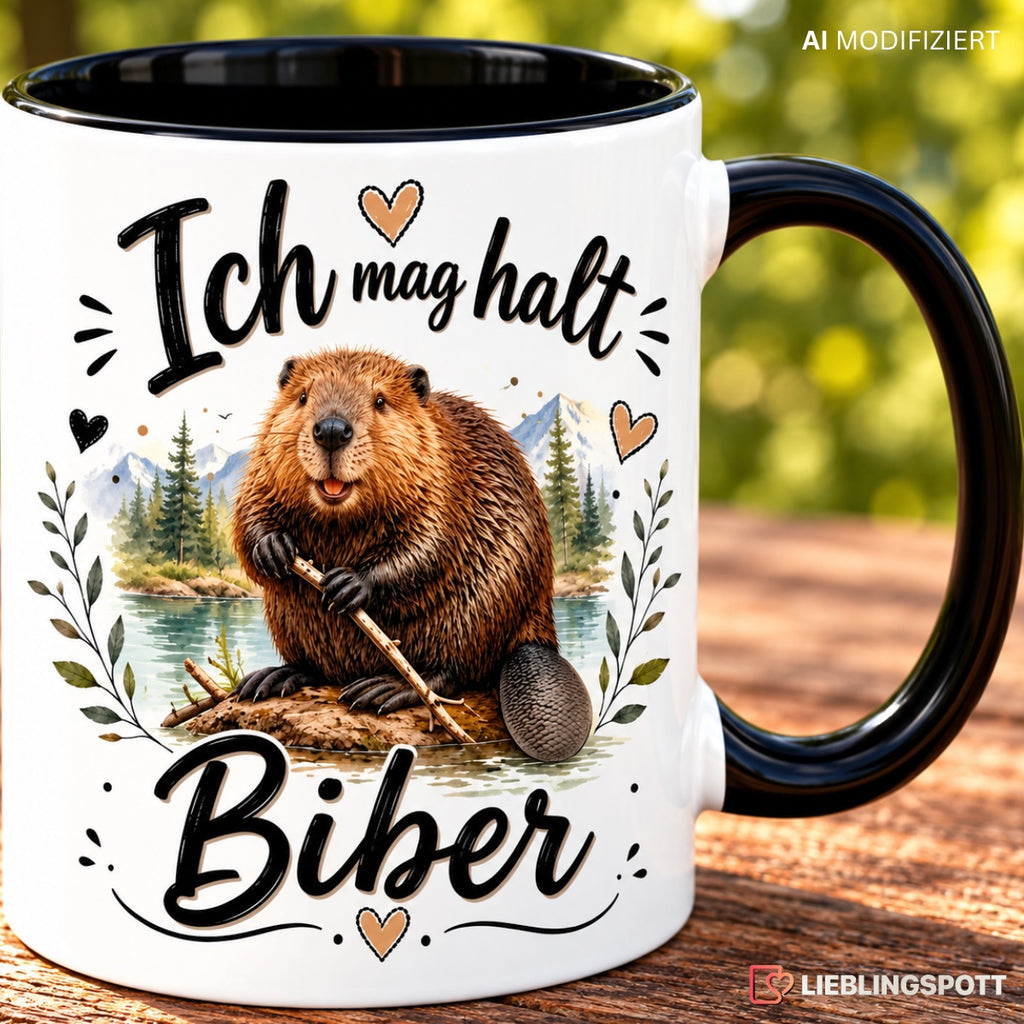 Biber Tasse Lifestyle auf Holztisch
