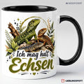 Schwarze Keramiktasse mit Echsen Motiv und Spruch Ich mag halt Echsen