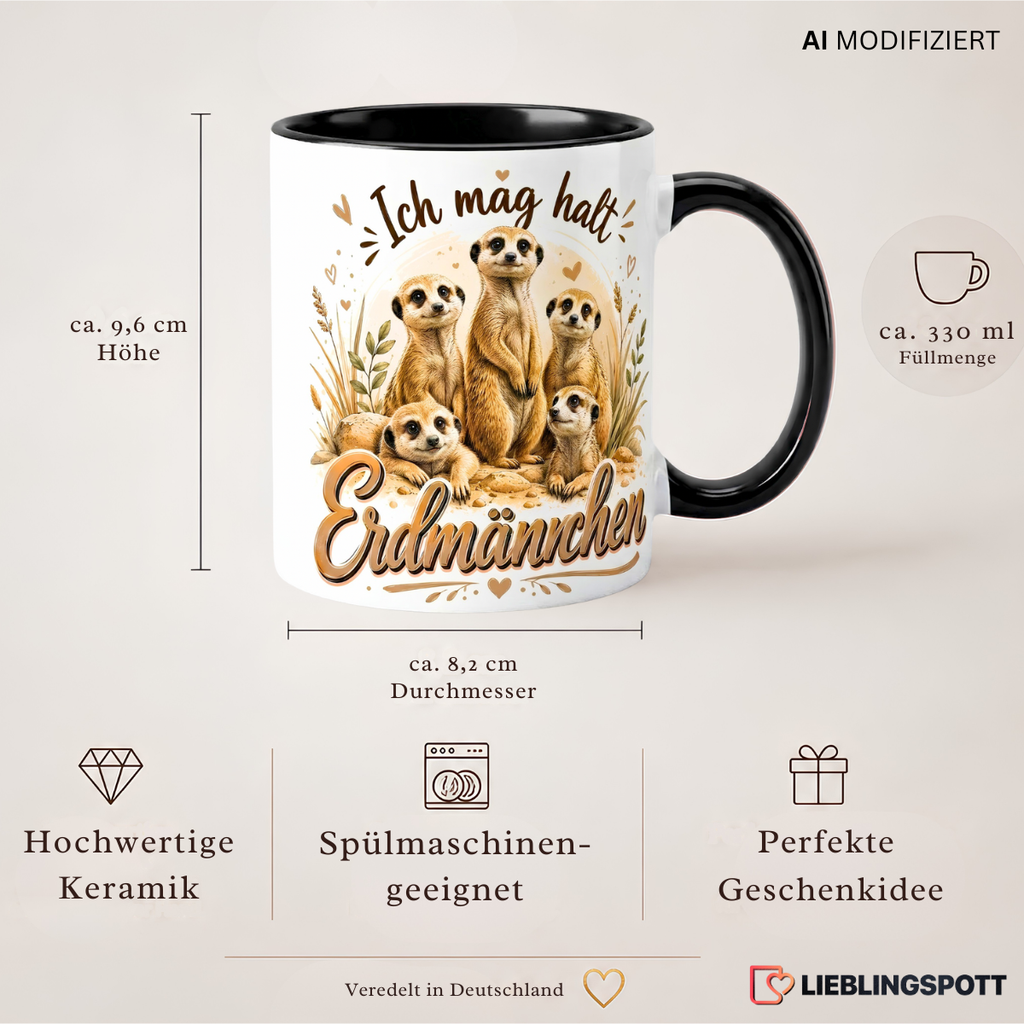 Produktdetails der Erdmännchen Tasse mit 330 ml Füllmenge und Maßen