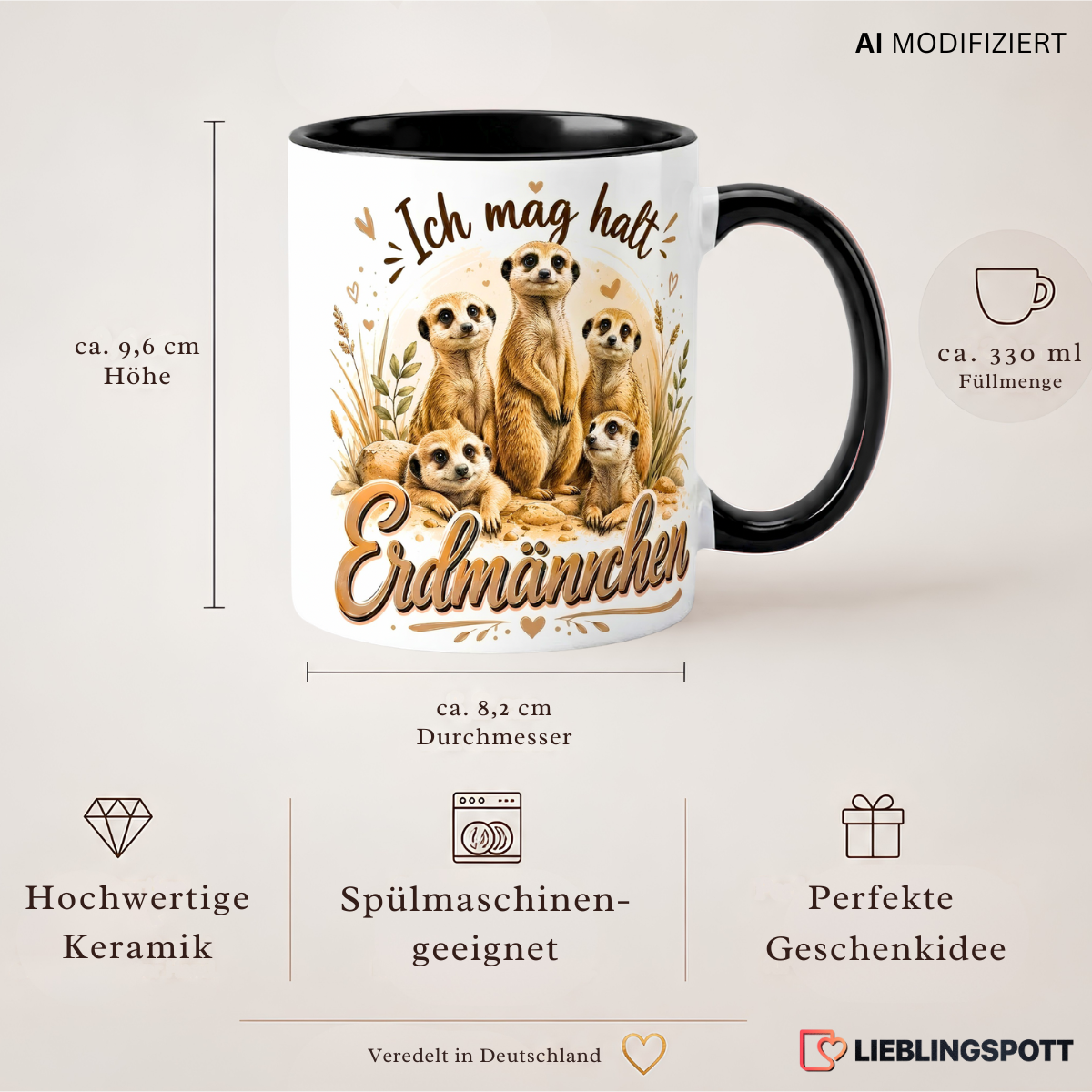 Produktdetails der Erdmännchen Tasse mit 330 ml Füllmenge und Maßen