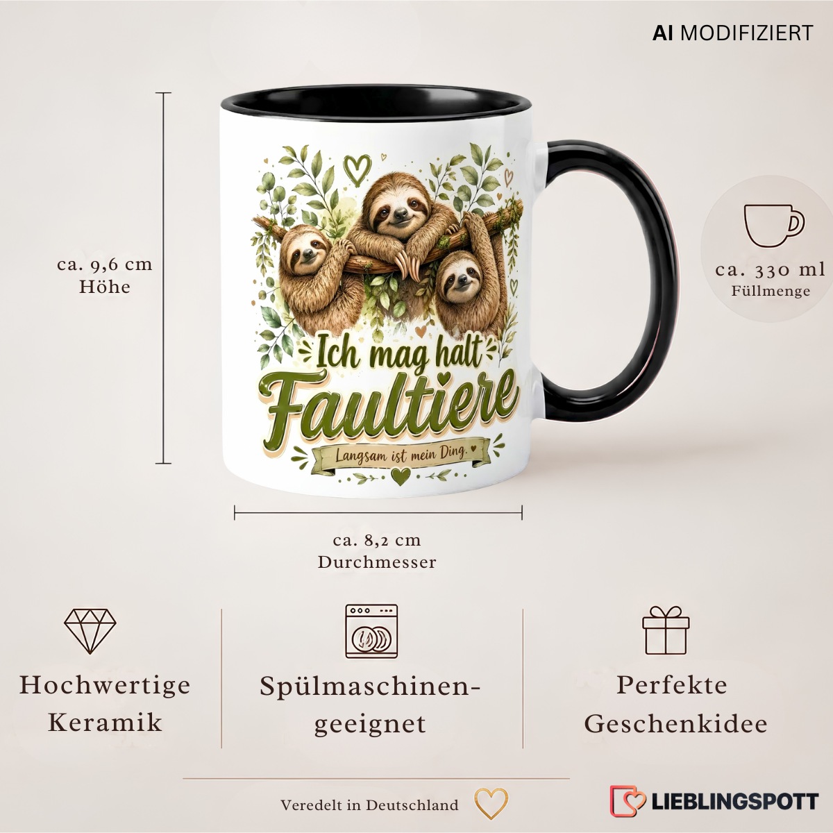 Produktdetails der Faultier Tasse mit 330 ml Füllmenge und Maßen
