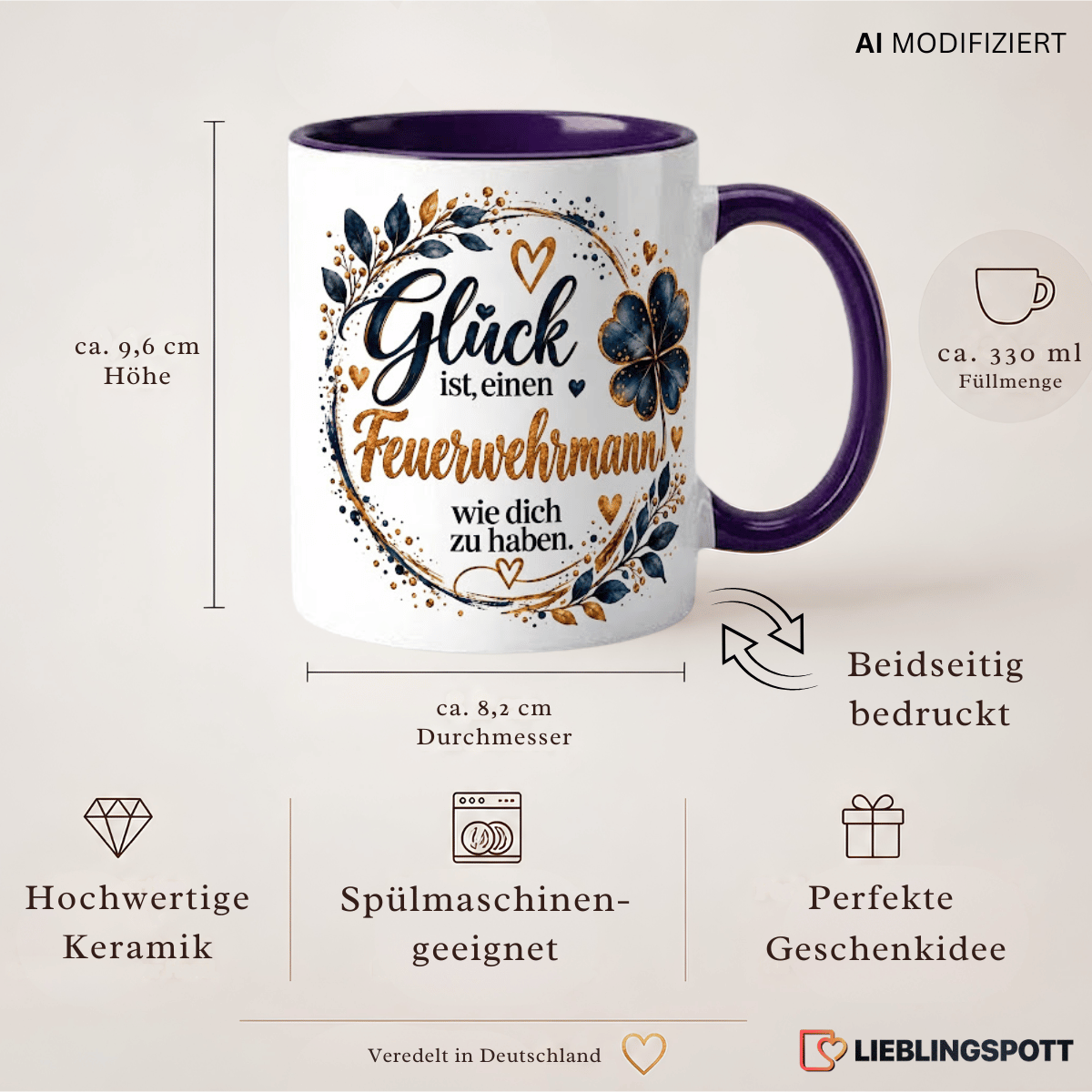 Feuerwehrmann Tasse Produktdetails 330 ml 9,6 cm 8,2 cm doppelseitig bedruckt