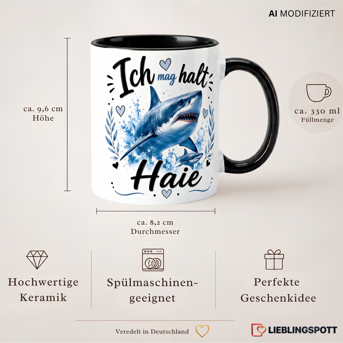 Maße und Vorteile der Keramiktasse mit Hai-Motiv