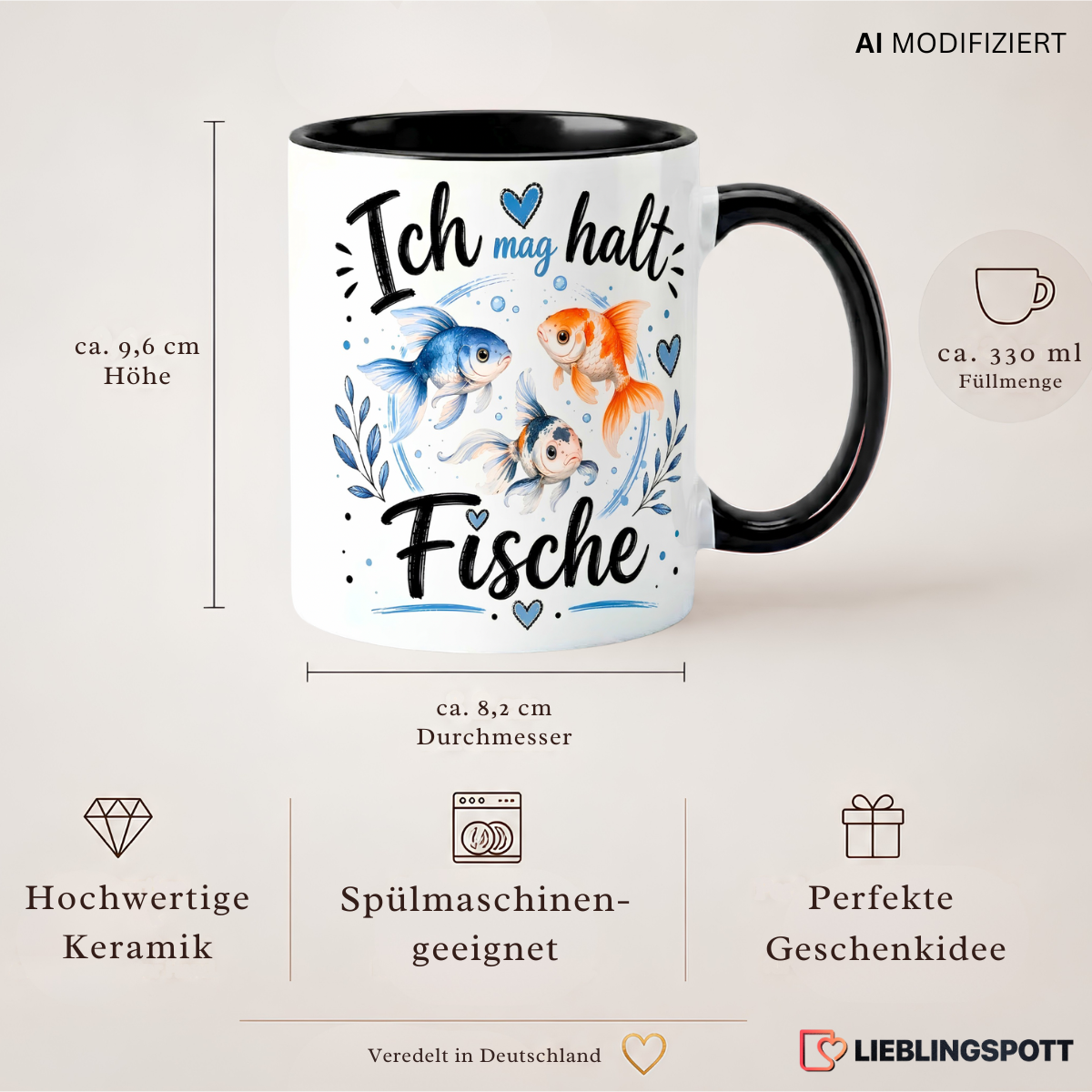Ich mag halt Fische Tasse Maße 330 ml und Produkteigenschaften