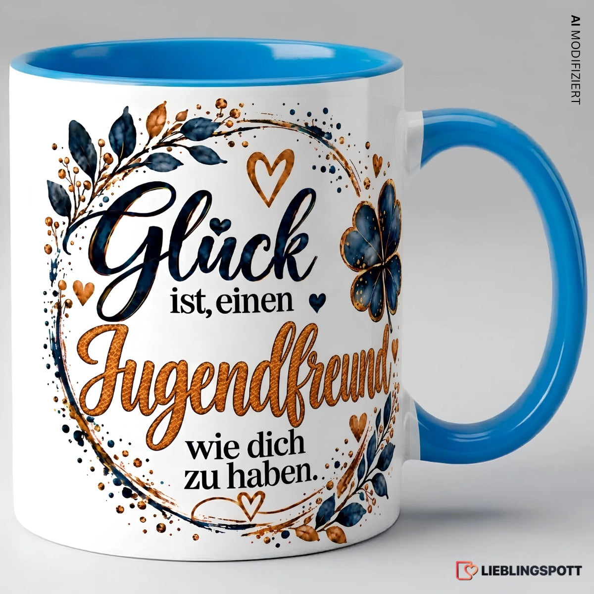 Keramiktasse Jugendfreund Glück Spruch blau
