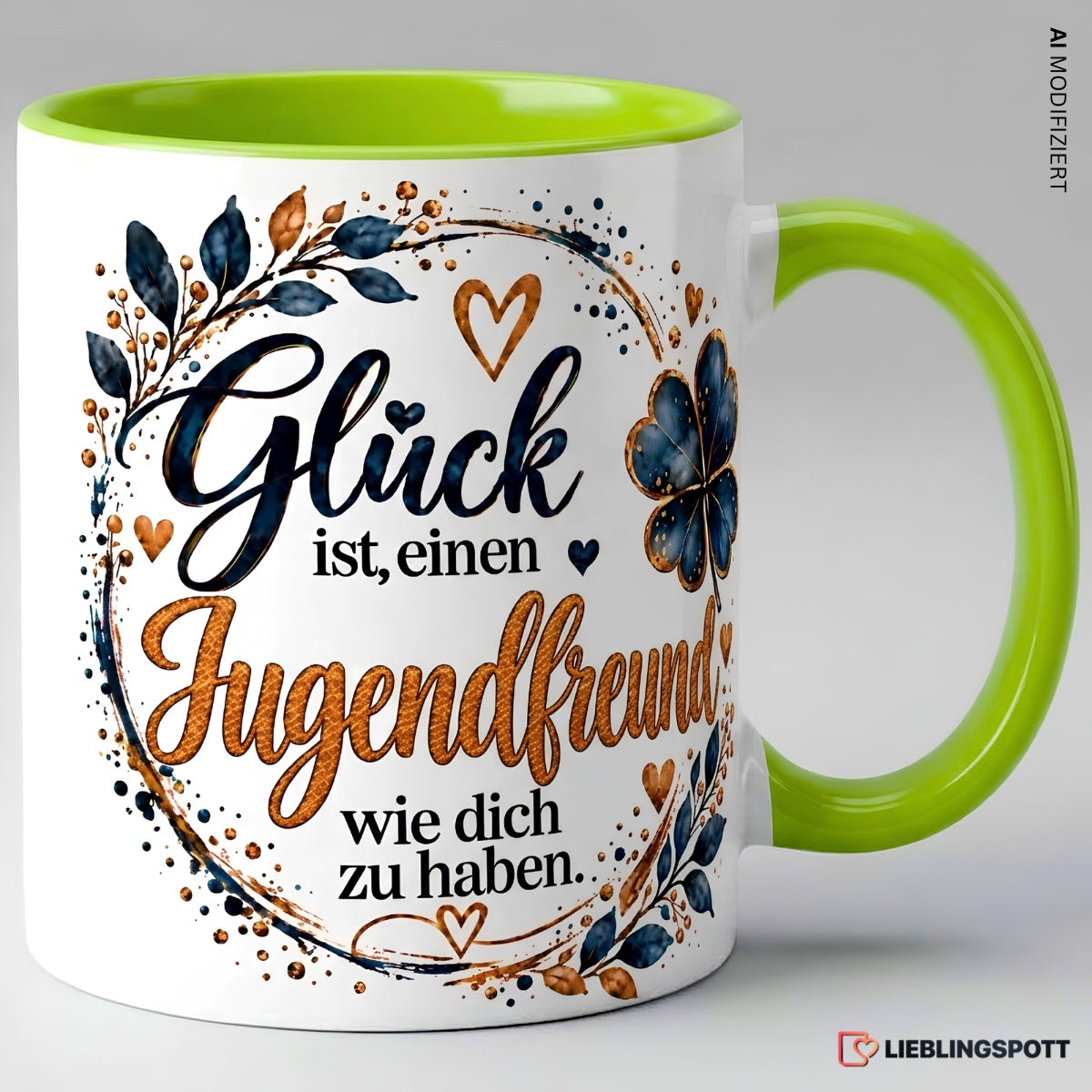 Keramiktasse Jugendfreund Glück Spruch grün