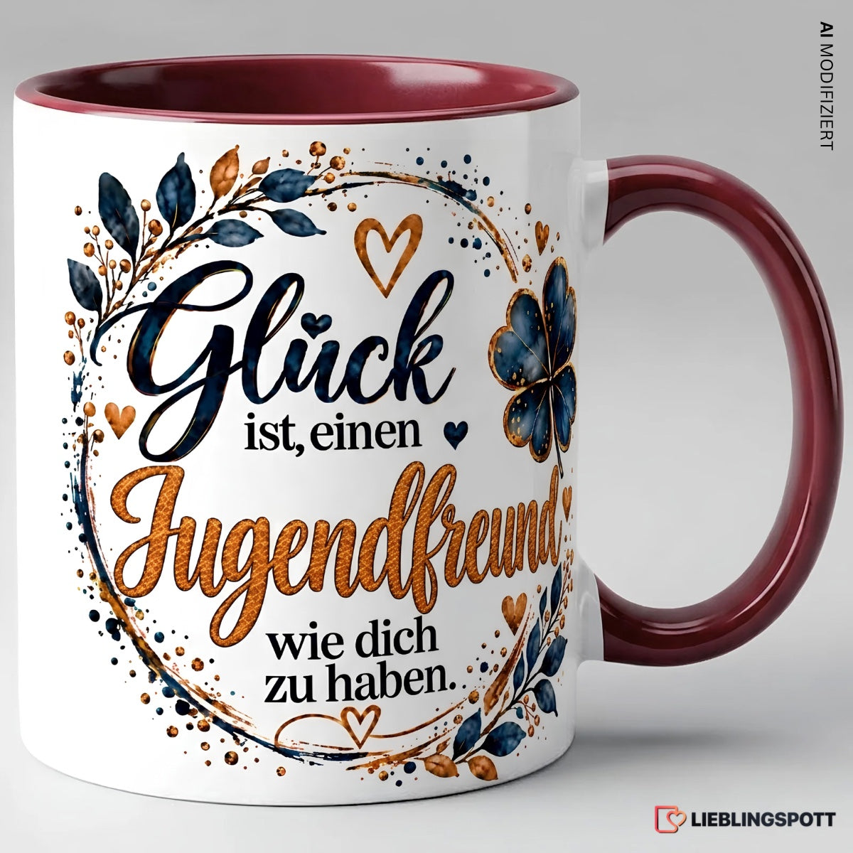 Keramiktasse Jugendfreund Glück Spruch Maroon