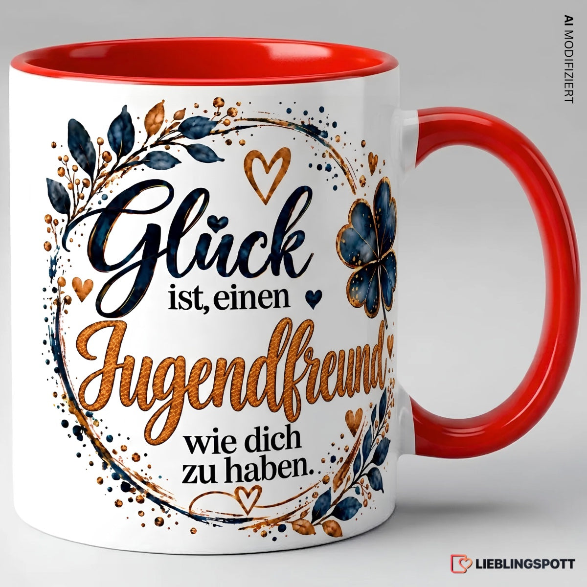 Keramiktasse Jugendfreund Glück Spruch rot