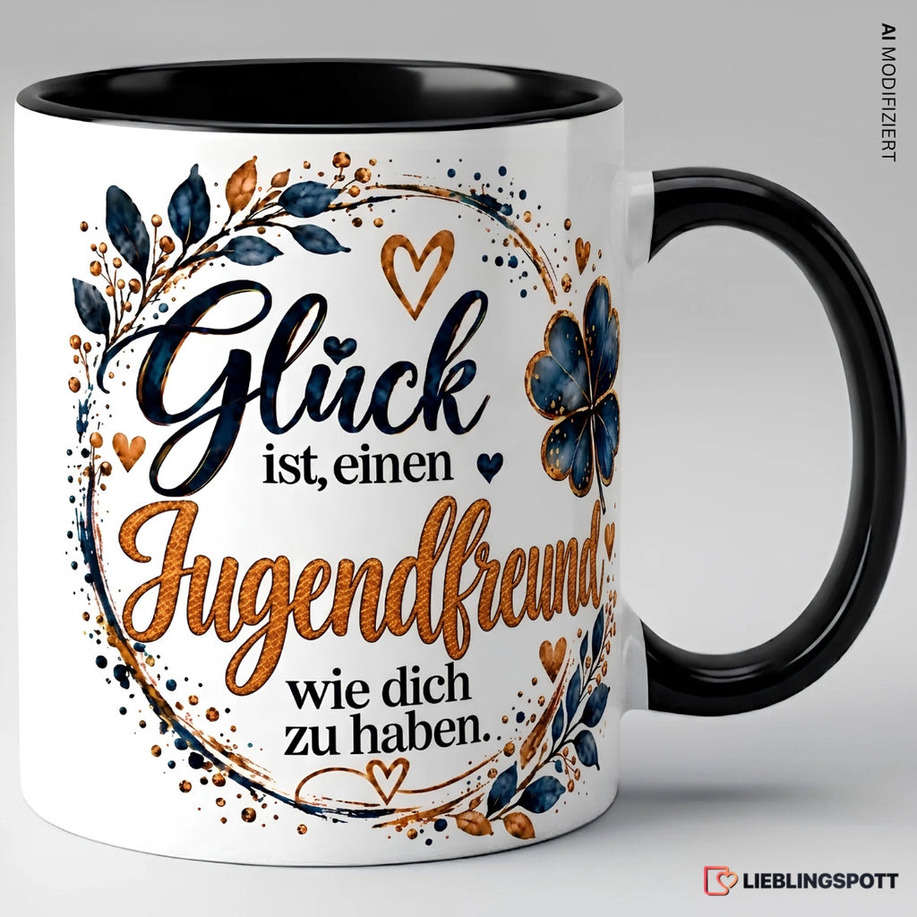 Keramiktasse Jugendfreund Glück Spruch schwarz