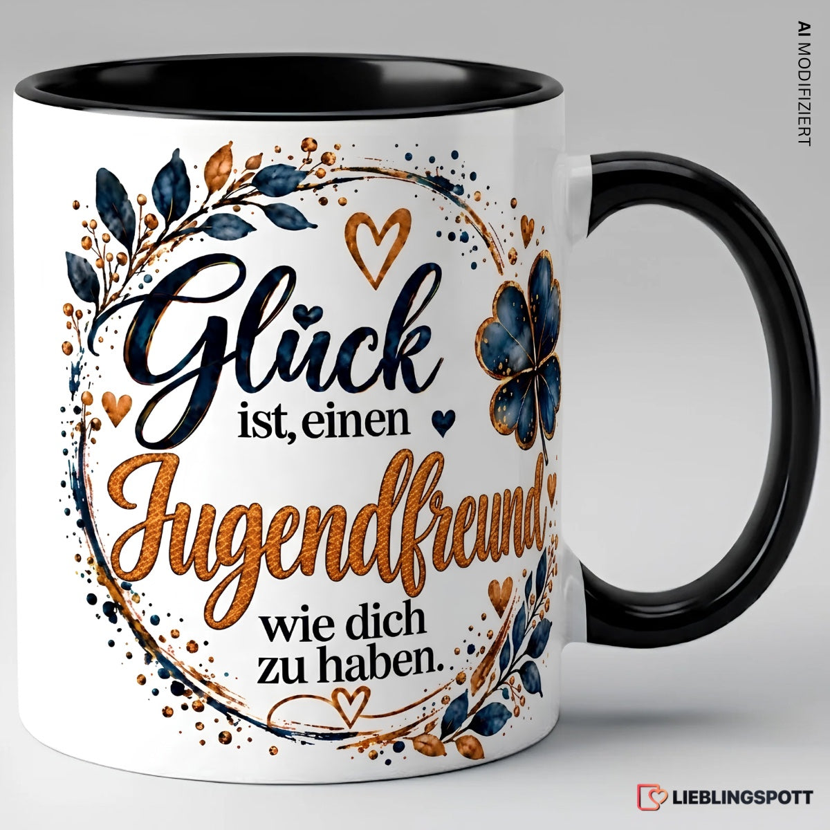 Keramiktasse Jugendfreund Glück Spruch schwarz