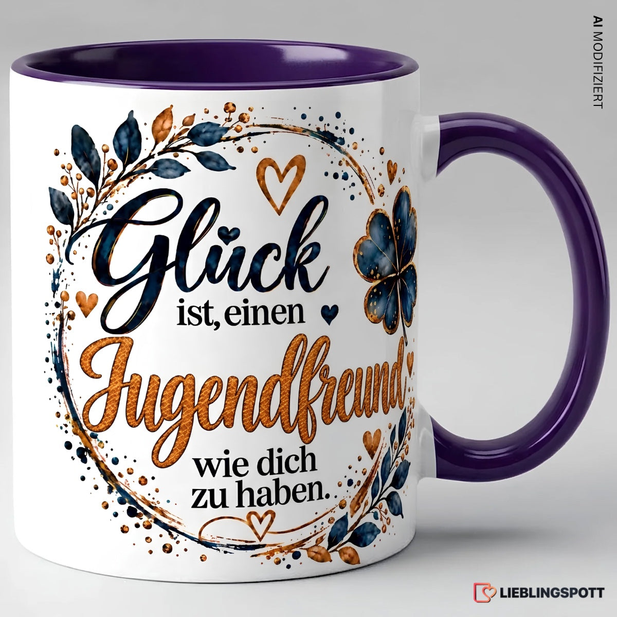 Keramiktasse Jugendfreund Glück Spruch violett