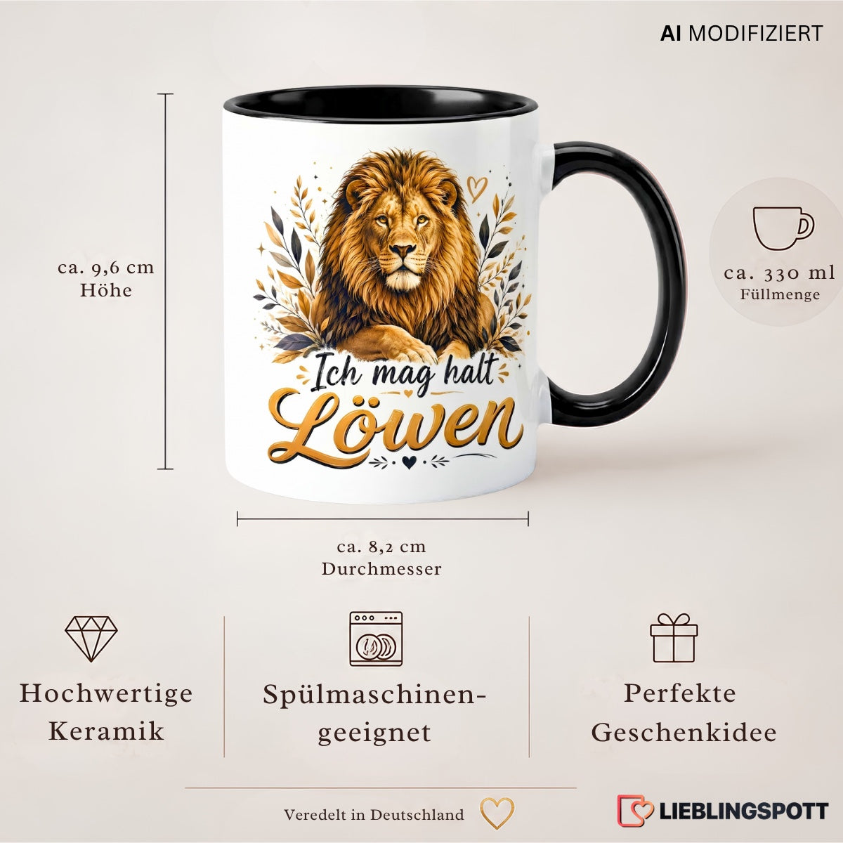 Produktdetails der Keramiktasse mit Löwenmotiv