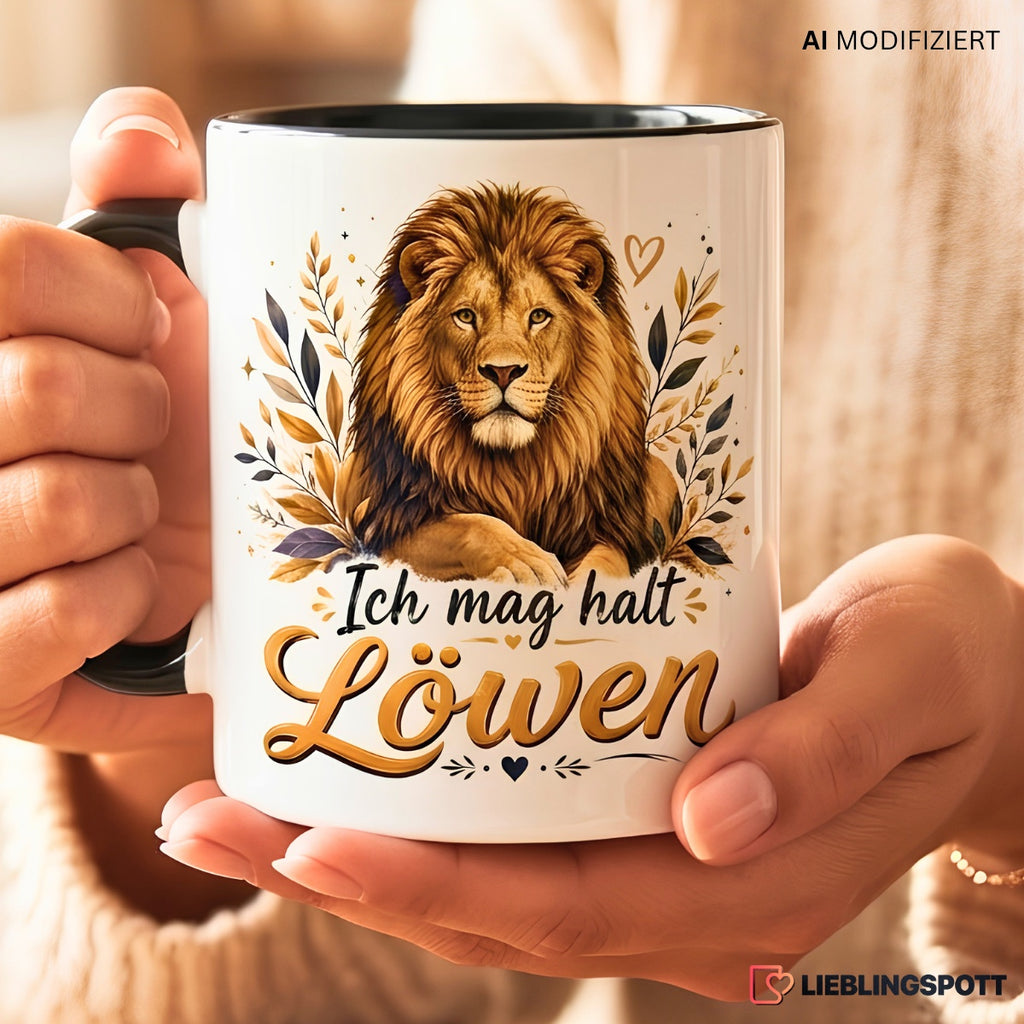 Lifestyleaufnahme der Keramiktasse mit Löwenmotiv