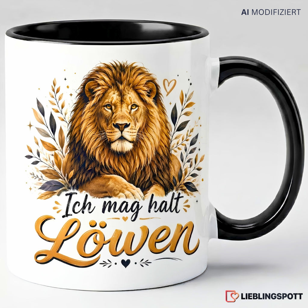 Keramiktasse mit Löwenmotiv in Schwarz