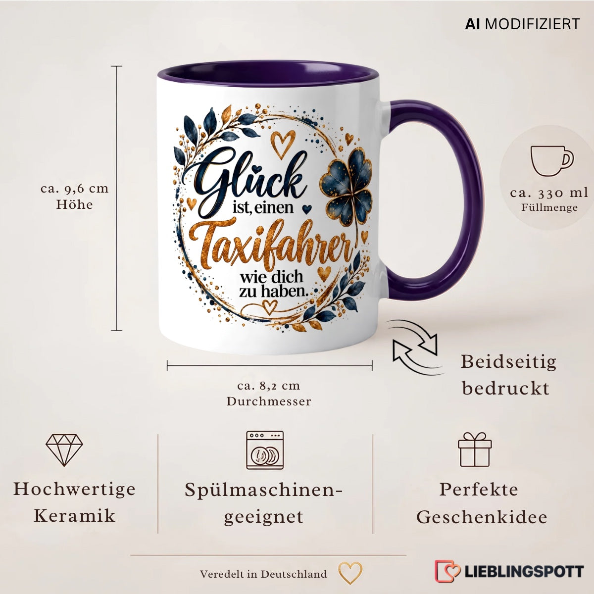 Keramiktasse Taxifahrer 330 ml – Maße, Eigenschaften und beidseitiger Druck