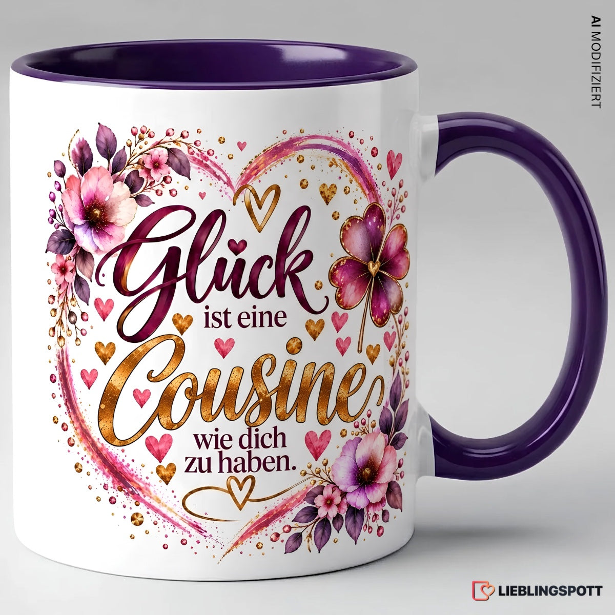 Cousine Tasse violett mit Spruch Glück ist eine Cousine wie dich zu haben