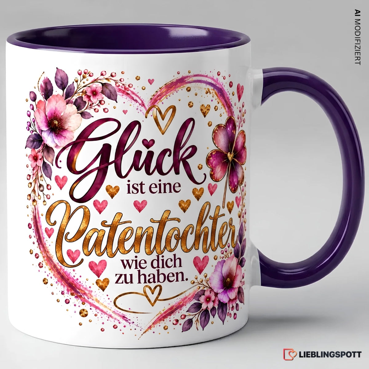 Patentochter Tasse violett mit Spruch Glück ist eine Patentochter wie dich zu haben