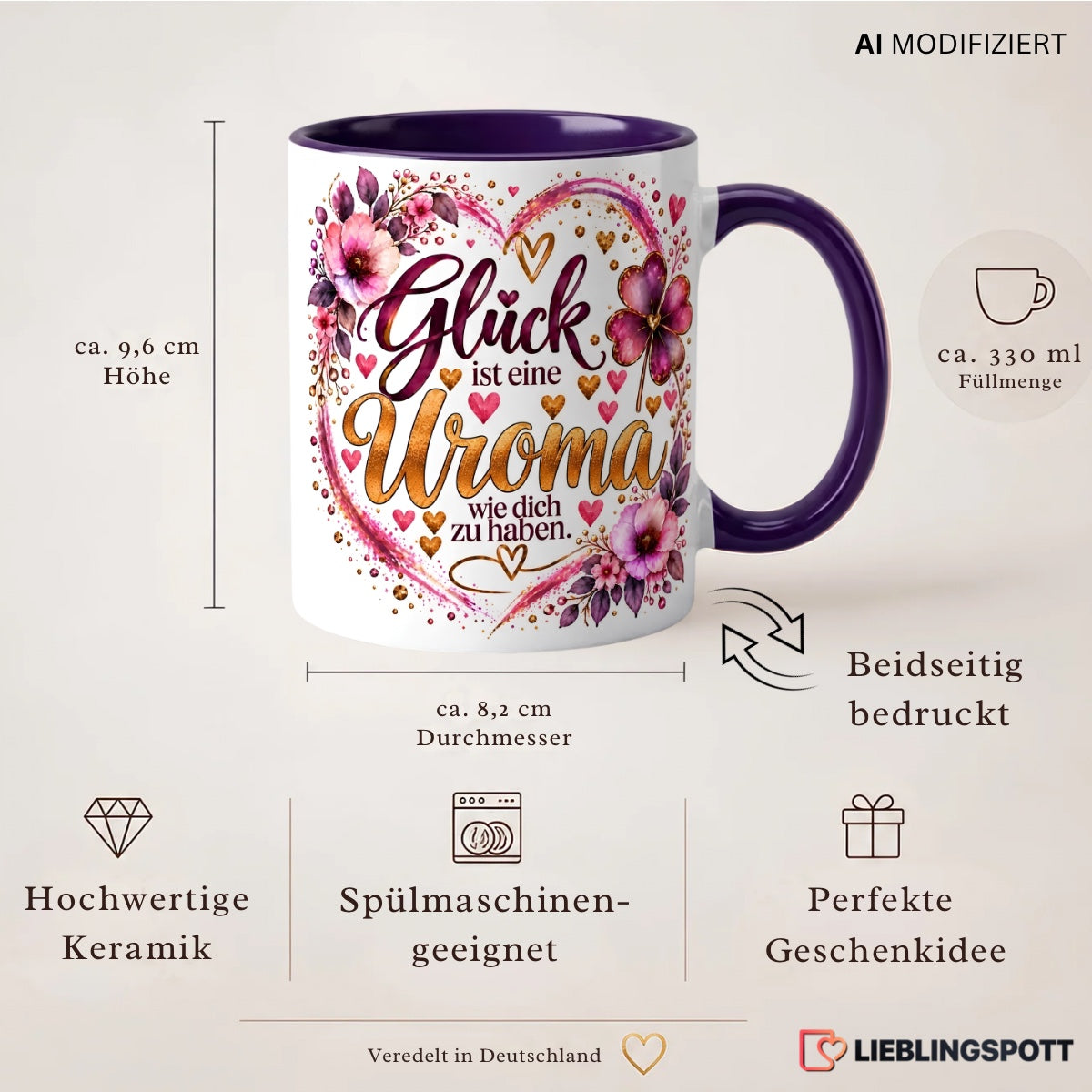 Uroma Tasse Produktdetails – 330 ml, beidseitig bedruckt