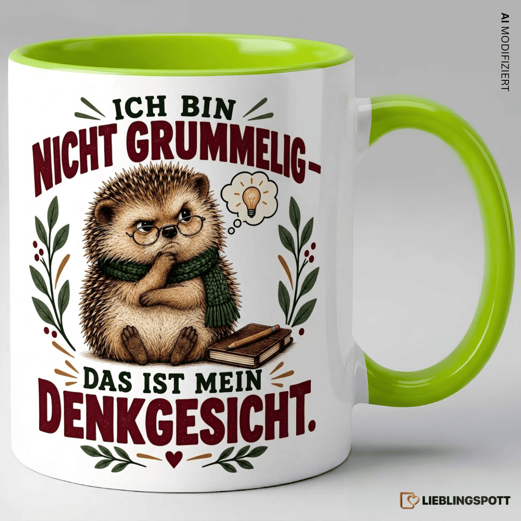 Grüne Keramiktasse mit Igel-Motiv und Spruch Ich bin nicht grummelig – das ist mein Denkgesicht
