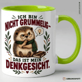Grüne Keramiktasse mit Igel-Motiv und Spruch Ich bin nicht grummelig – das ist mein Denkgesicht
