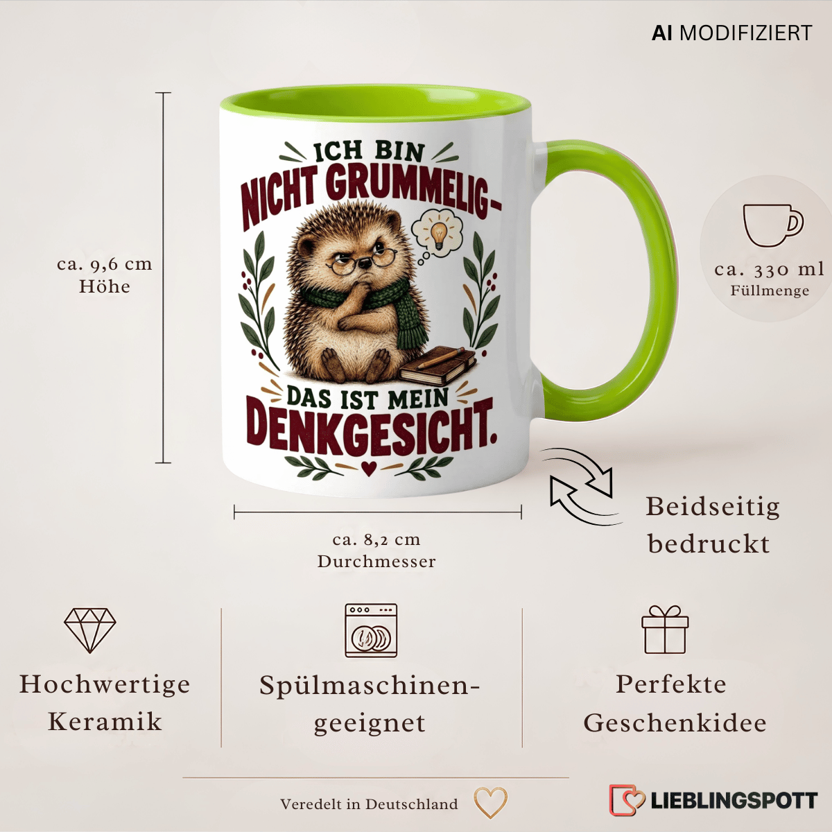 Produktinformationen zur Keramiktasse mit Igel-Motiv, 330 ml, beidseitig bedruckt