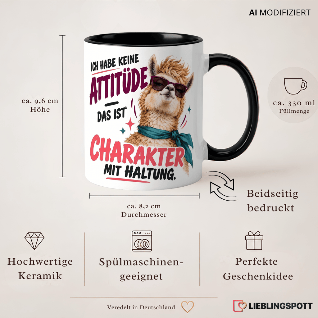 Produktinformationen zur Keramiktasse mit Alpaka-Motiv, ca. 330 ml, beidseitig bedruckt