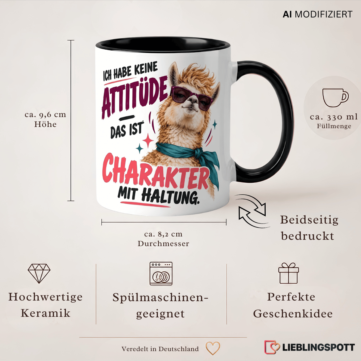 Produktinformationen zur Keramiktasse mit Alpaka-Motiv, ca. 330 ml, beidseitig bedruckt
