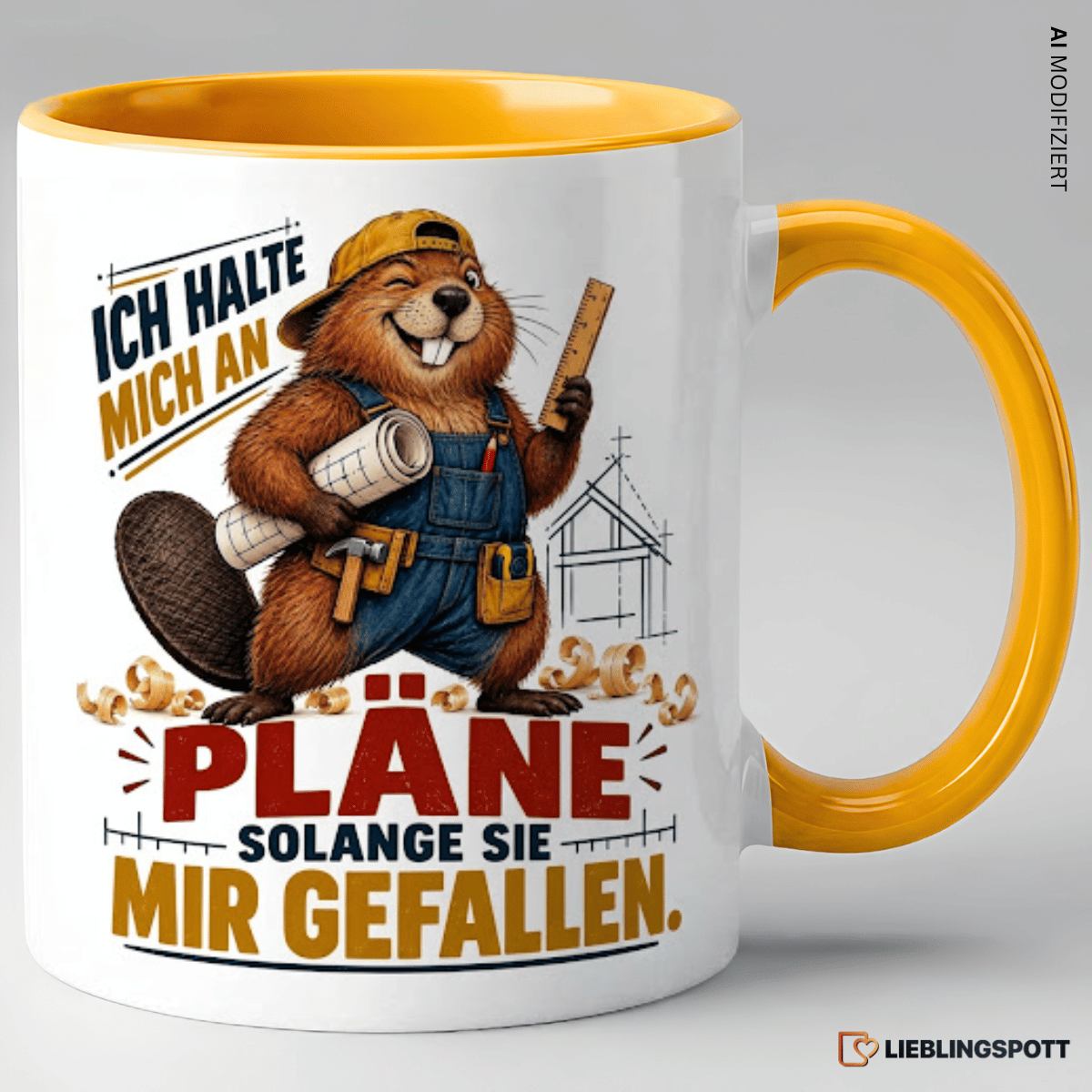 Gelbe Keramiktasse mit Biber-Handwerker und Spruch Ich halte mich an Pläne solange sie mir gefallen