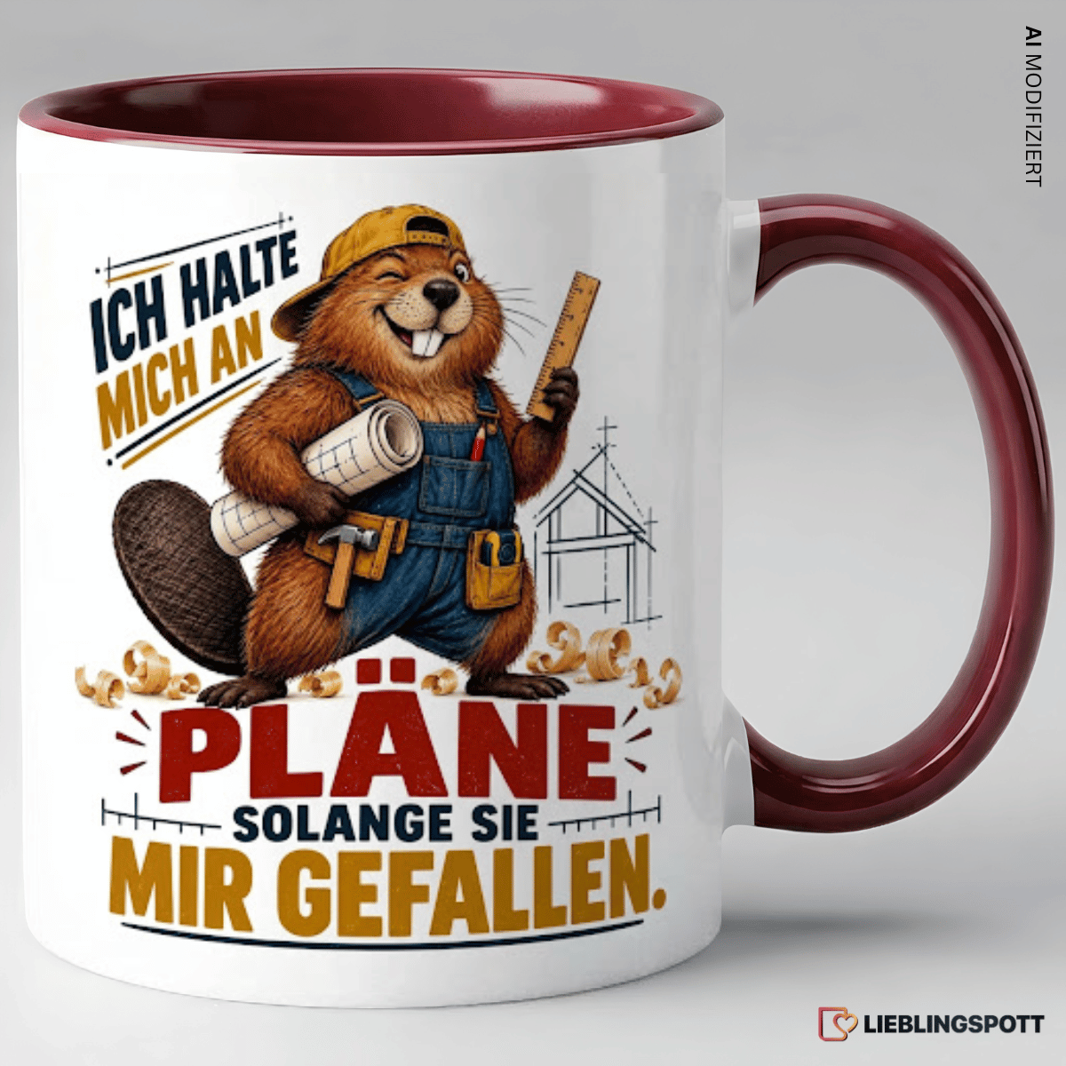 Maroon Keramiktasse mit Biber-Handwerker und Spruch Ich halte mich an Pläne solange sie mir gefallen
