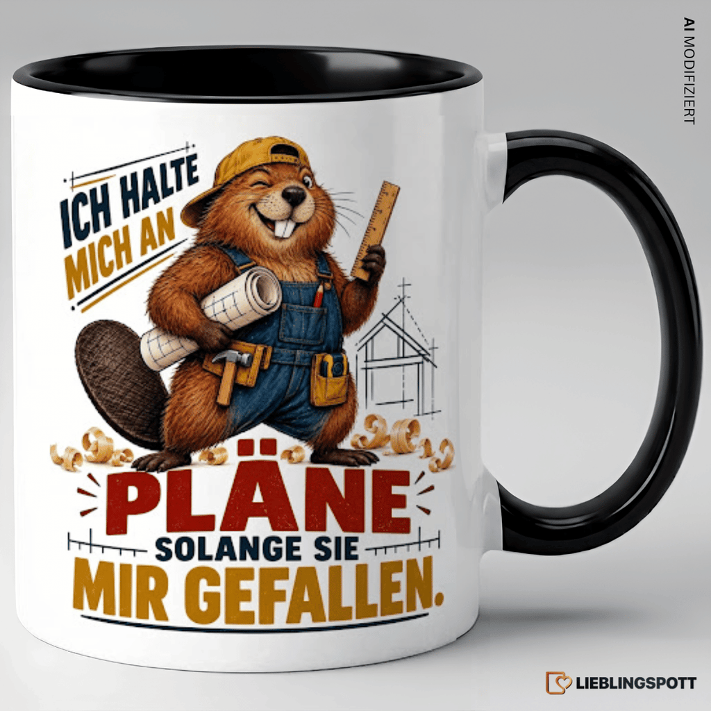 Schwarze Keramiktasse mit Biber-Handwerker und Spruch Ich halte mich an Pläne solange sie mir gefallen