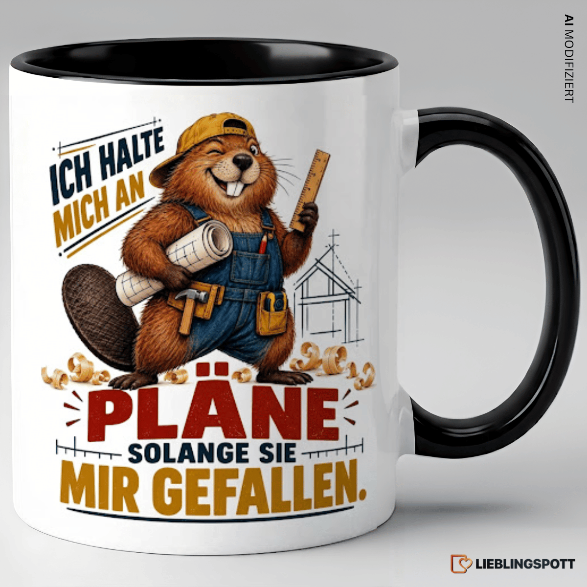 Schwarze Keramiktasse mit Biber-Handwerker und Spruch Ich halte mich an Pläne solange sie mir gefallen