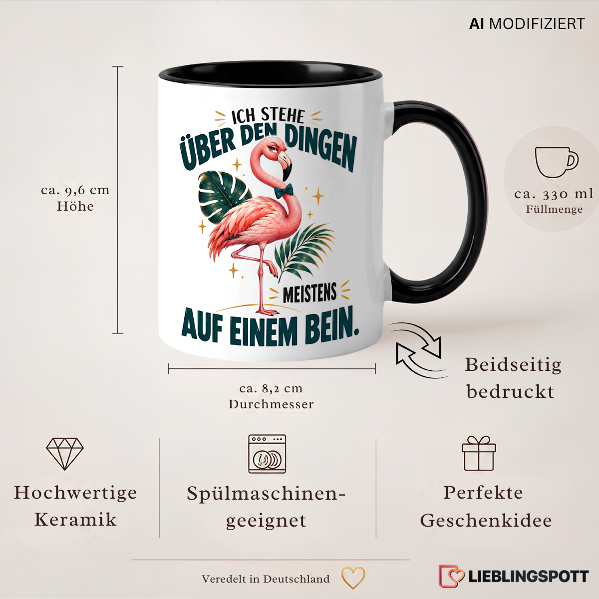 Produktinformationen zur Flamingo Keramiktasse, ca. 330 ml, beidseitig bedruckt